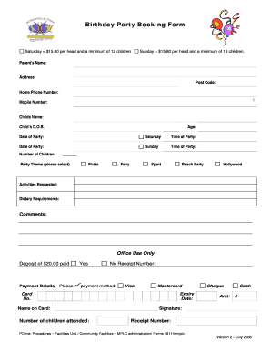 Birthday Party Booking Form Template