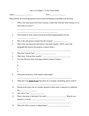 The Great Gatsby Chapter 1 Quiz PDF  Form