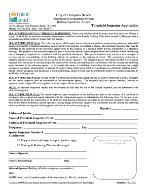 City of Pompano Beach Department of Development Services Building Inspections Division Threshold Inspector Application 100 W  Form