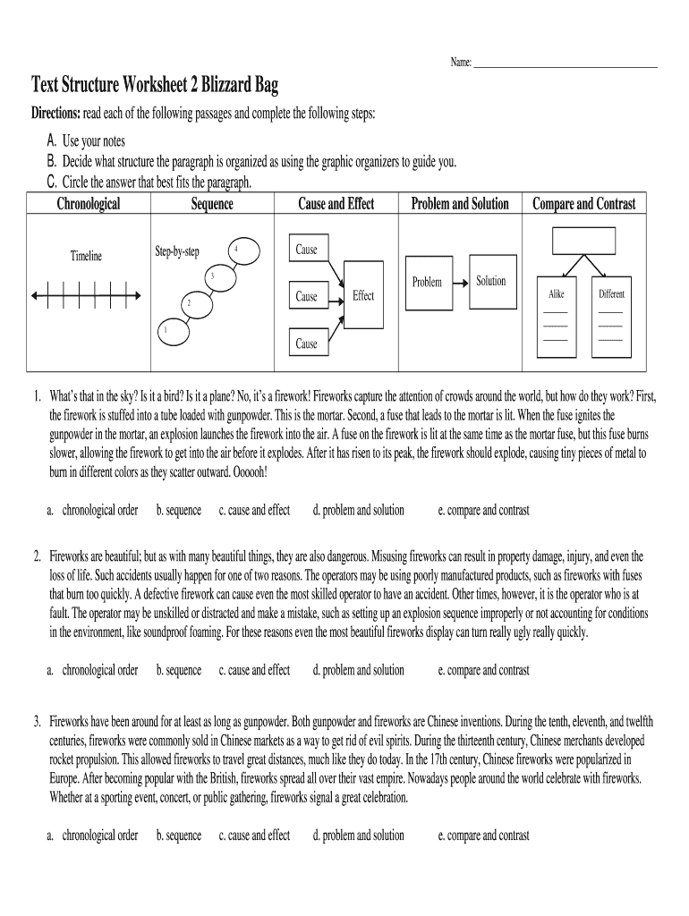 Text Structure Worksheet 2 Blizzard Bag Answer Key  Form