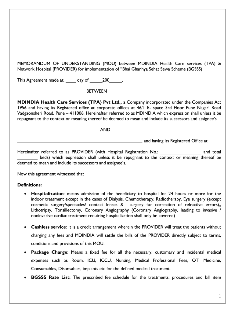 MEMORANDUM of UNDERSTANDING MOU between MDINDIA Health Care Services TPA &amp;  Form