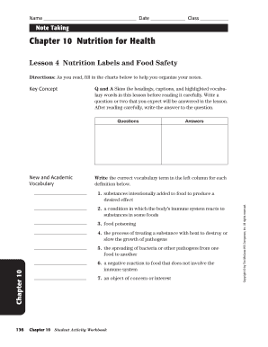 Chapter 10 Nutrition for Health Worksheet Answer Key  Form