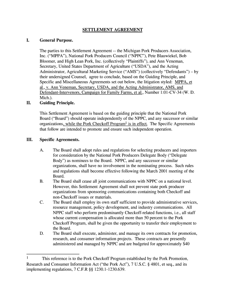 SETTLEMENT AGREEMENT I General Purpose Old Pork  Form