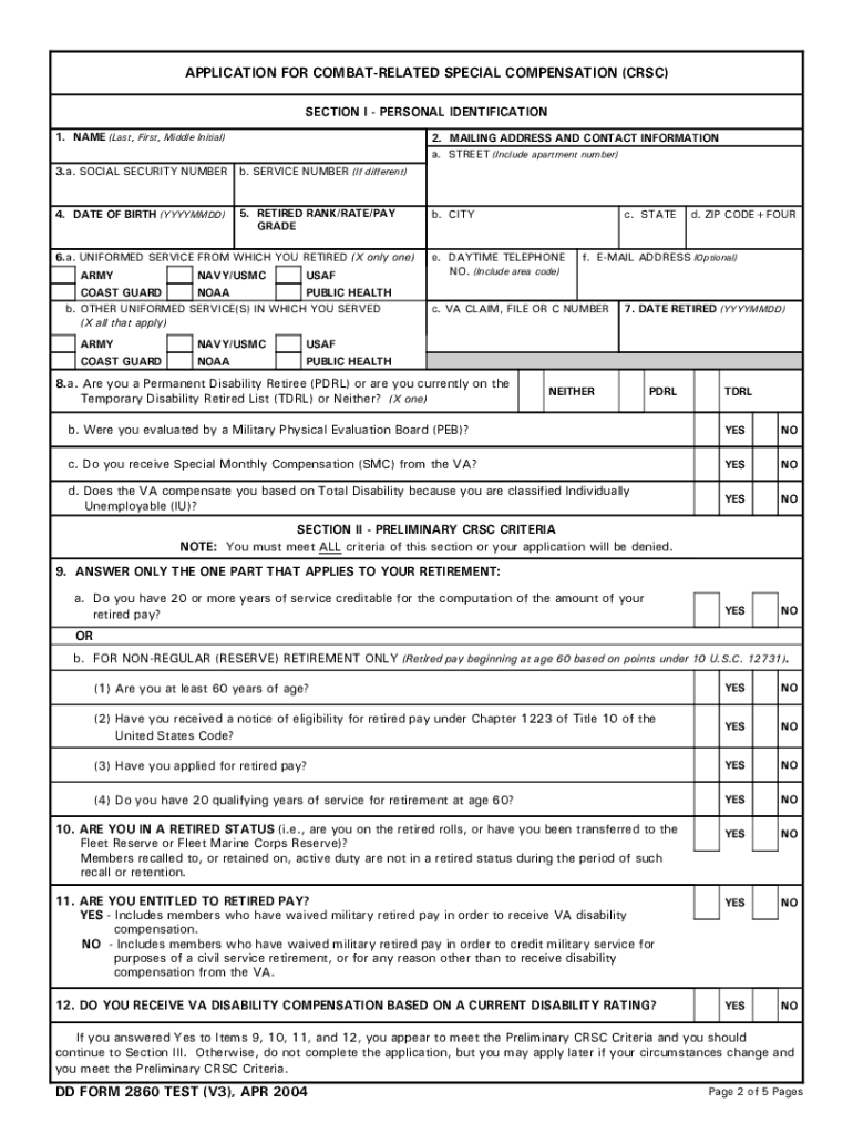  DD Form 2860 Test V3 Application for Combat Related Special Compensation CRSC April 2004