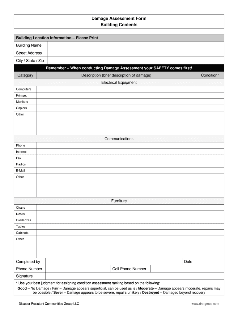 Damage Assessment Form Building Contents