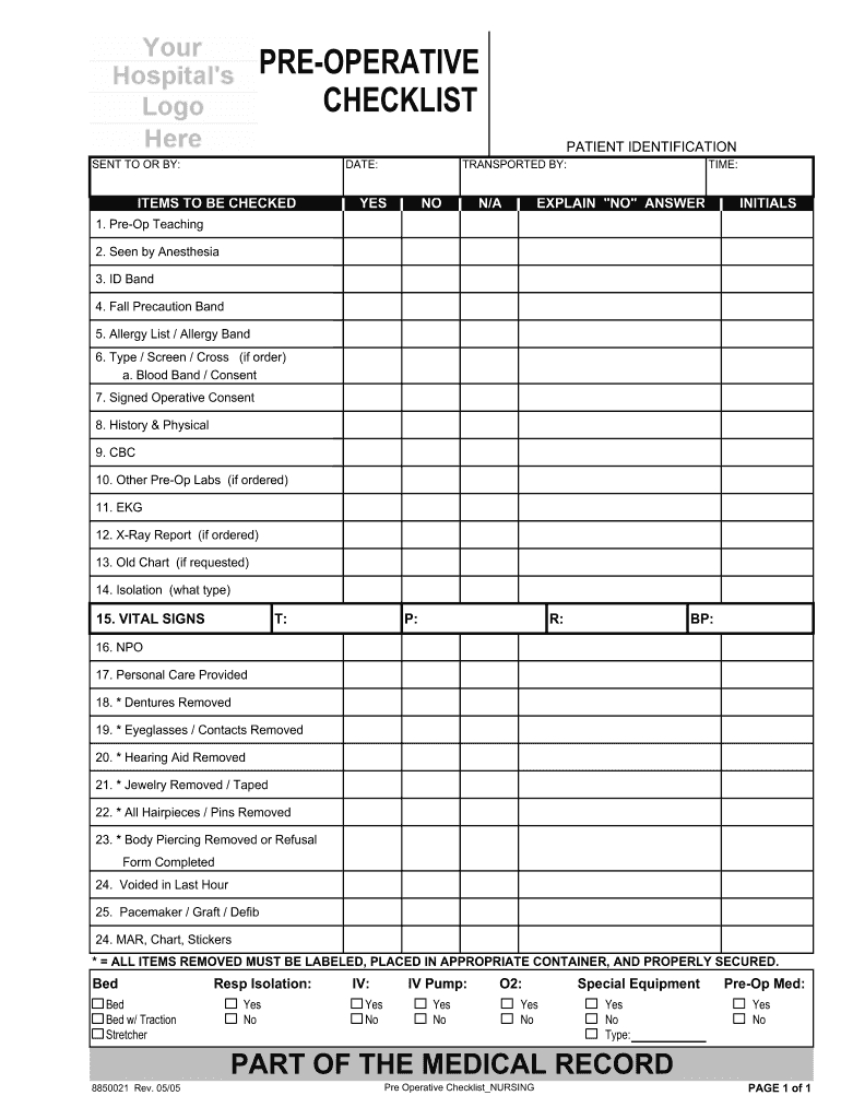 Pre Op Checklist Template  Form
