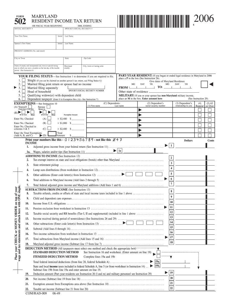  502 FORM MARYLAND RESIDENT INCOME TAX RETURN 2019