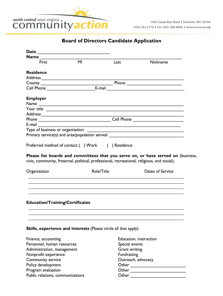 Board of Directors Candidate Application North Central WV Ncwvcaa  Form