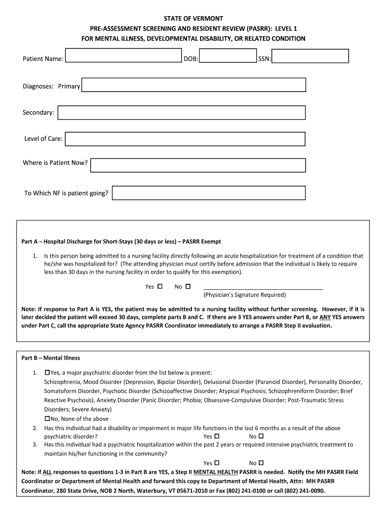 STATE of VERMONT PRE ASSESSMENT SCREENING and RESIDENT Mentalhealth Vermont  Form