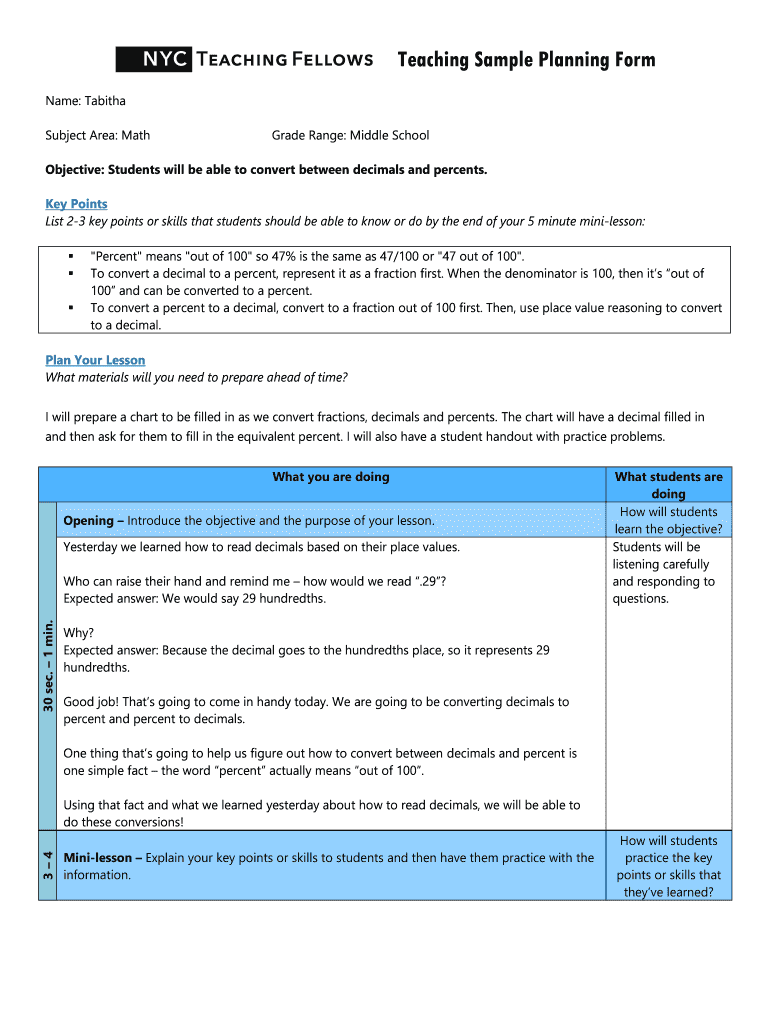 Teaching Sample Planning Form NYC Teaching Fellows