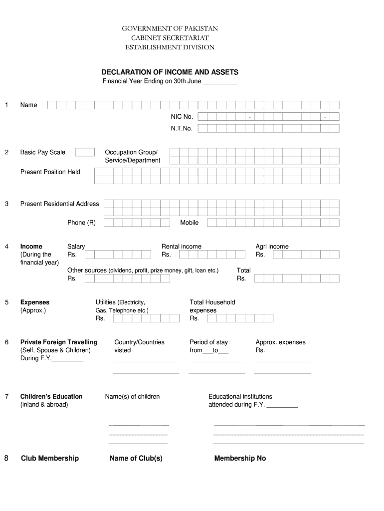 Declaration of Income and Assets  Form