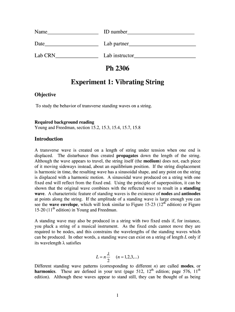 Ph 2306 Experiment 1 Vibrating String Phys Vt  Form