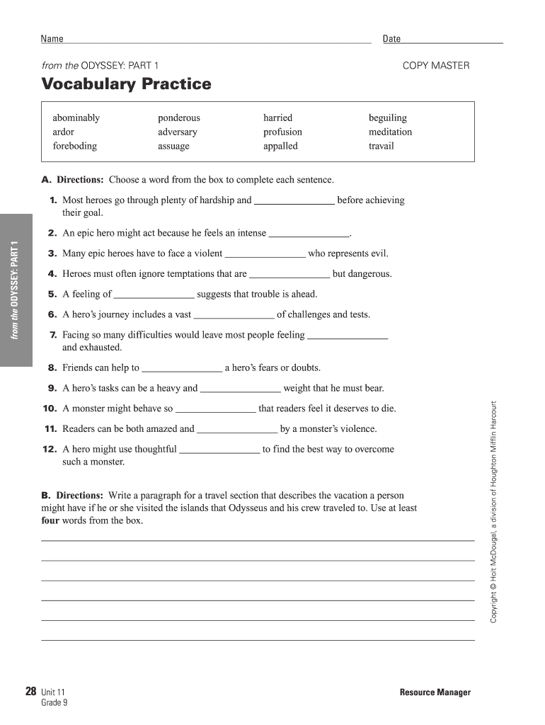 Odyssey Vocabulary Worksheet Answers  Form