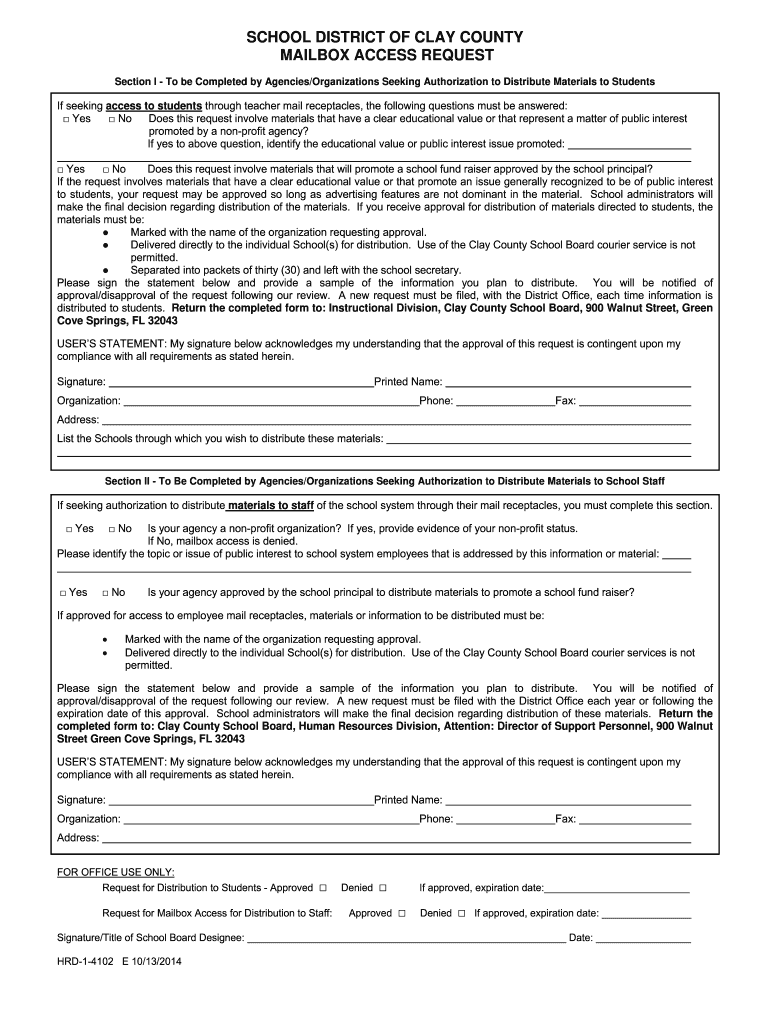  SCHOOL DISTRICT of CLAY COUNTY MAILBOX ACCESS REQUEST  Oneclay 2014-2024