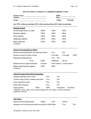 Occupational Therapy Classroom Observation Checklist  Form