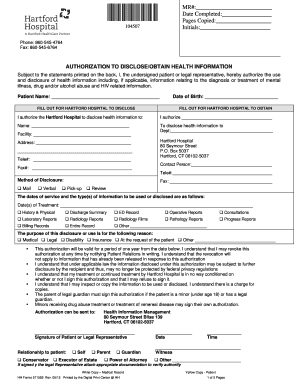  AUTHORIZATION to DISCLOSEOBTAIN HEALTH INFORMATION HARTFORD HOSPITAL ENGLISH, #571559 Hartford Hospital Consent Forms Rehab Hart 2012-2024