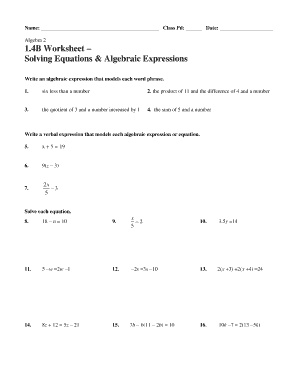 Algebraic Equations Worksheet  Form