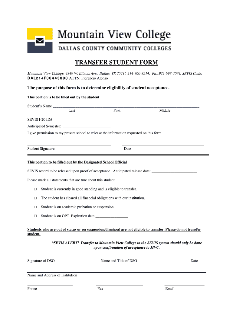 TRANSFER STUDENT FORM  Mountain View College