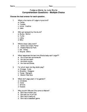 Fudge a Mania Comprehension Questions  Form