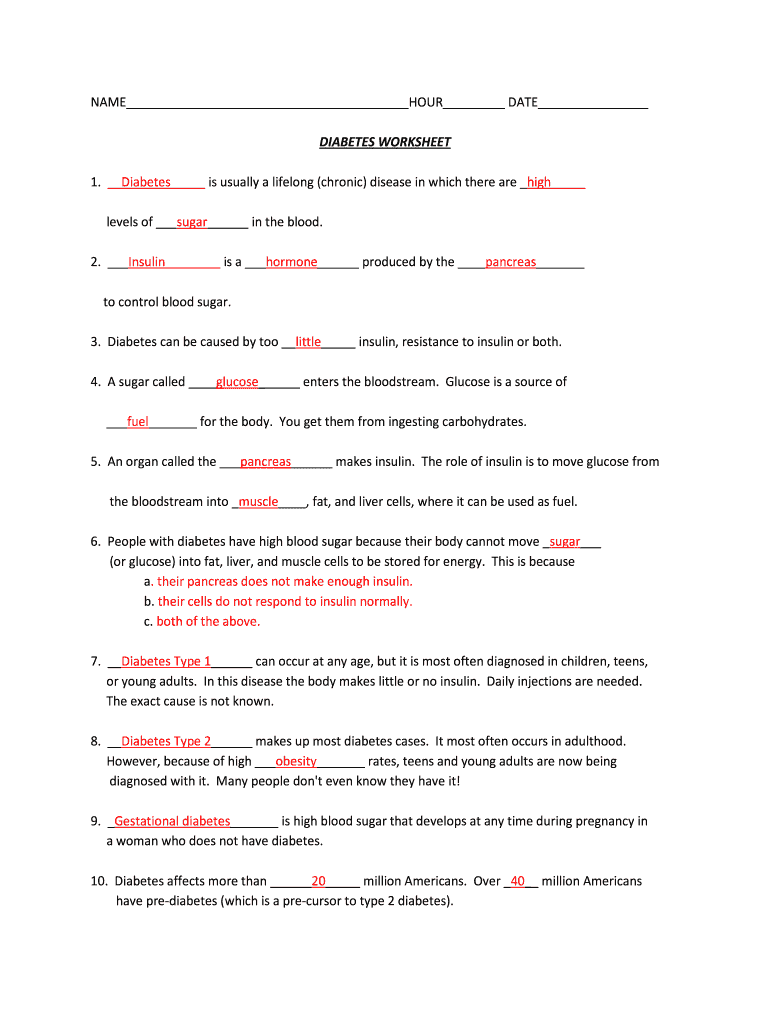 Diabetes Worksheet PDF  Form