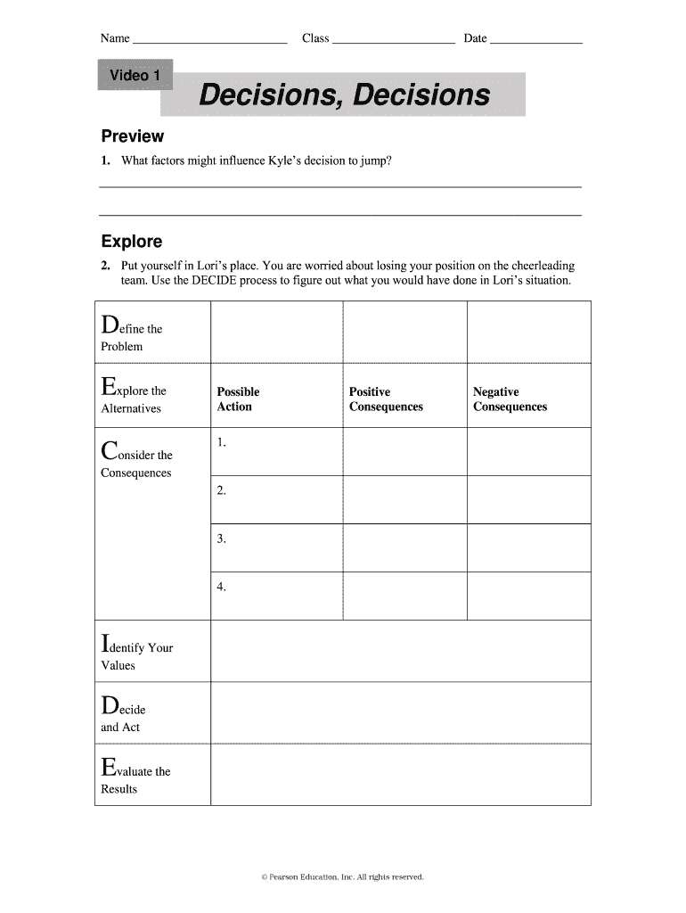 Decisions Decisions Worksheet Answers  Form