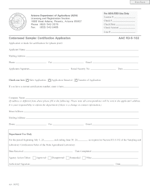 Cottonseed Sampler Certification Application AAC R3 5 102  Form
