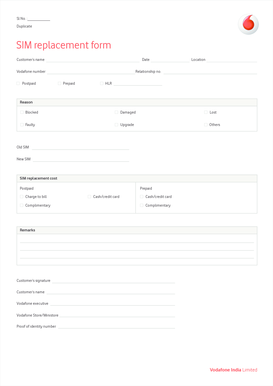 Vodafone Sim Replacement Online India  Form