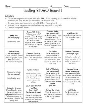 Spelling Bingo Template  Form