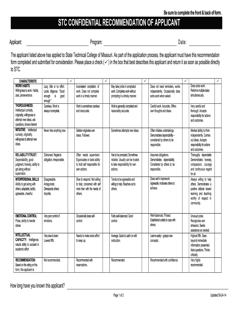  Be Sure to Complete the Front Back of Form STC 2014-2024