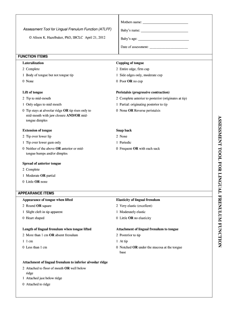 Assessment Tool for Lingual Frenulum Function ATLFF  Form