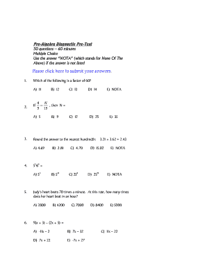 Pre Algebra Diagnostic Pre Test Answers  Form