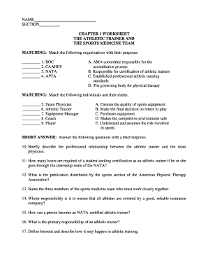 Chapter 1 Worksheet the Athletic Trainer and the Sports Medicine Team  Form