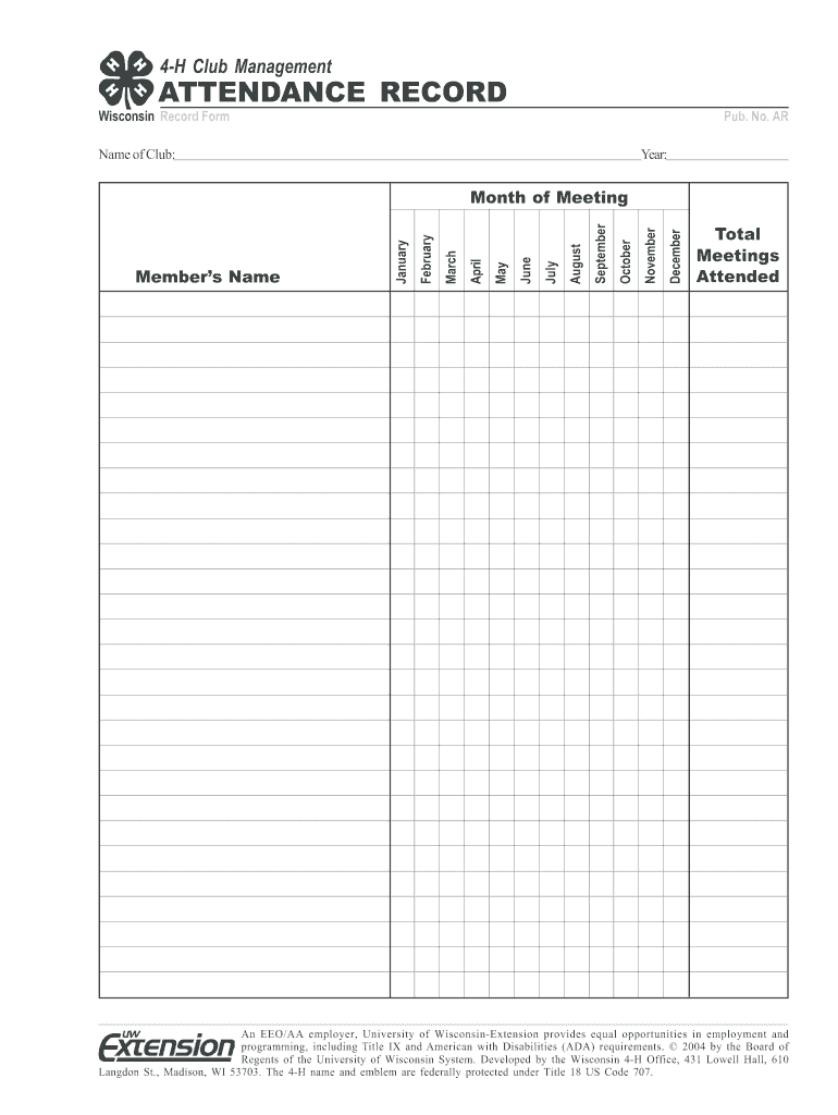 4 H Club Management ATTENDANCE RECORD Record Form Pub No AR Learningstore Uwex