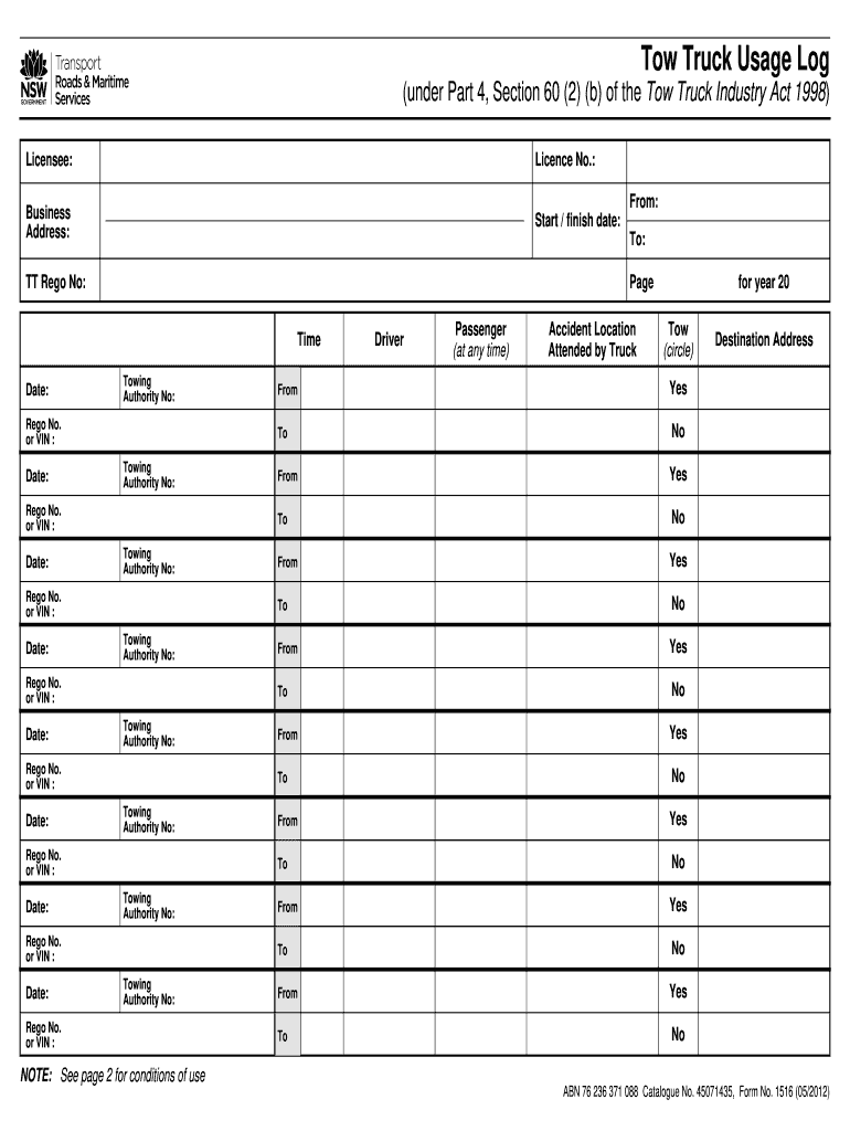 Tow Truck Usage Log Tow Truck Usage Log Catalogue No 45071435 Form No 1516