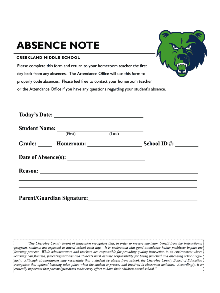 ABSENCE NOTE  Cherokee County School District  Form