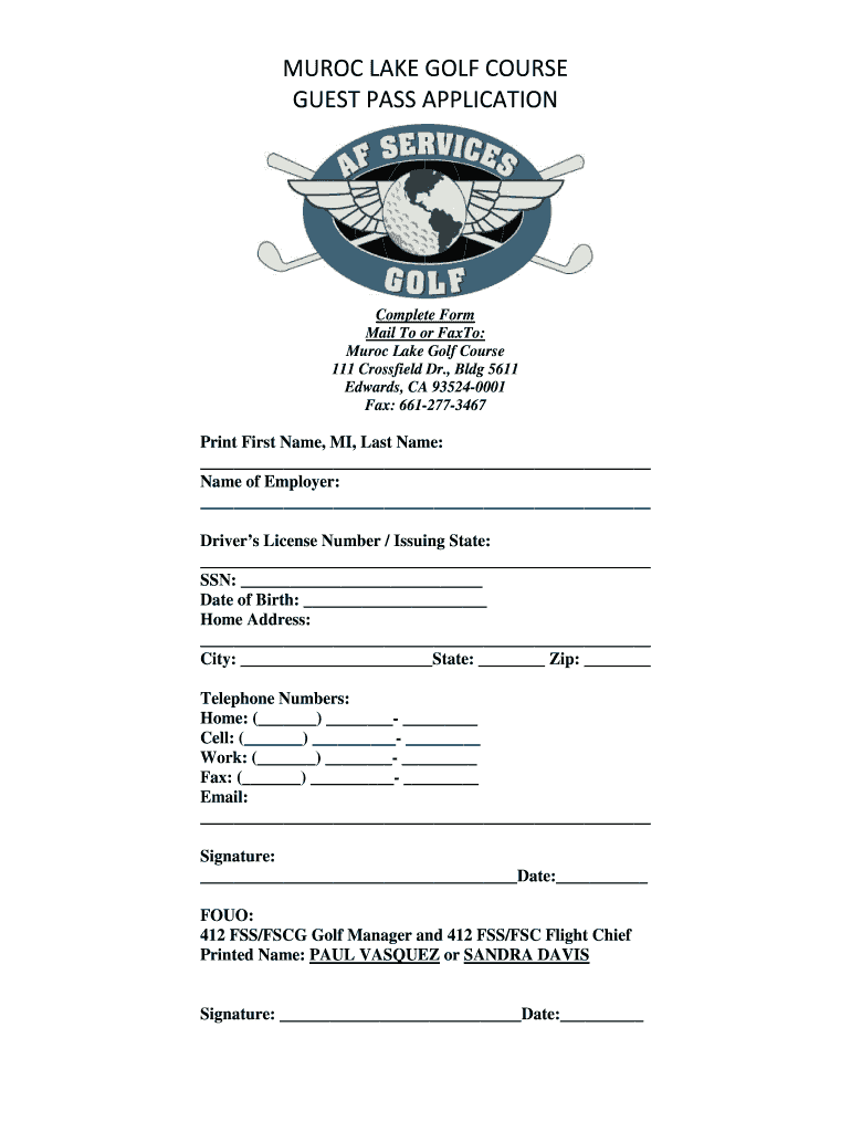 MUROC LAKE GOLF COURSE GUEST PASS APPLICATION  Form