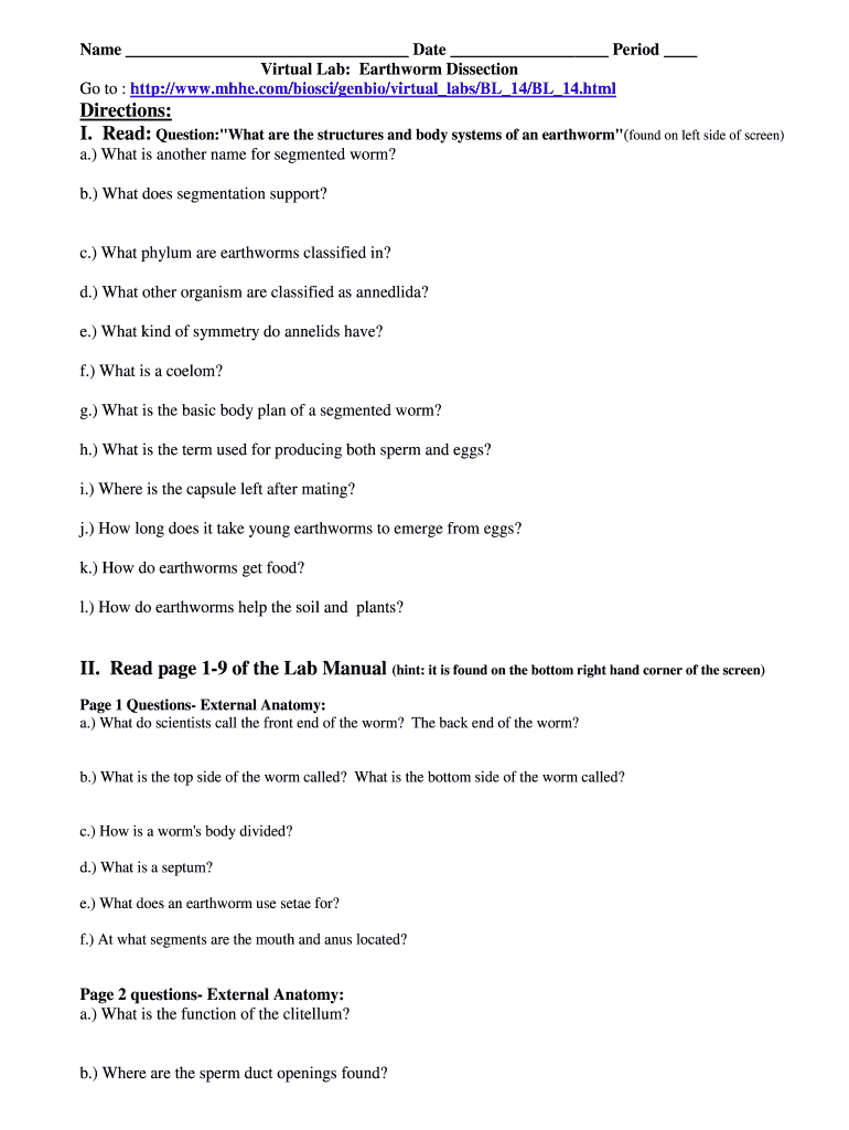 Online Earthworm Dissection  Form