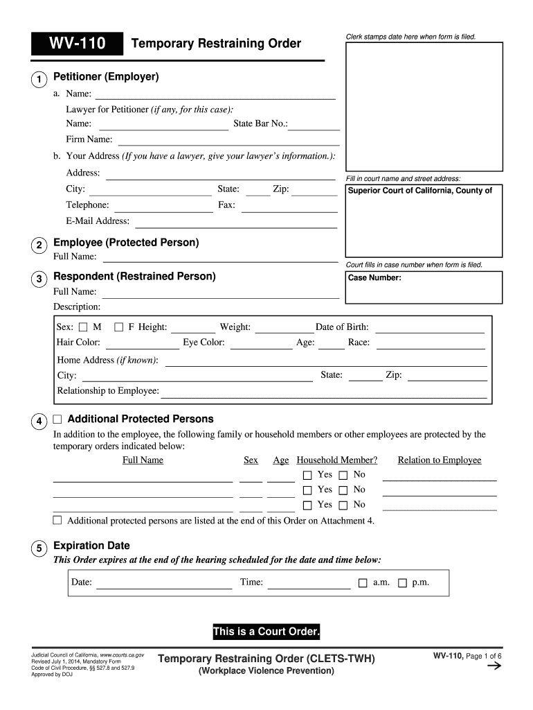  WV 110 Temporary Restraining Order Clerk Stamps Date Here 2014