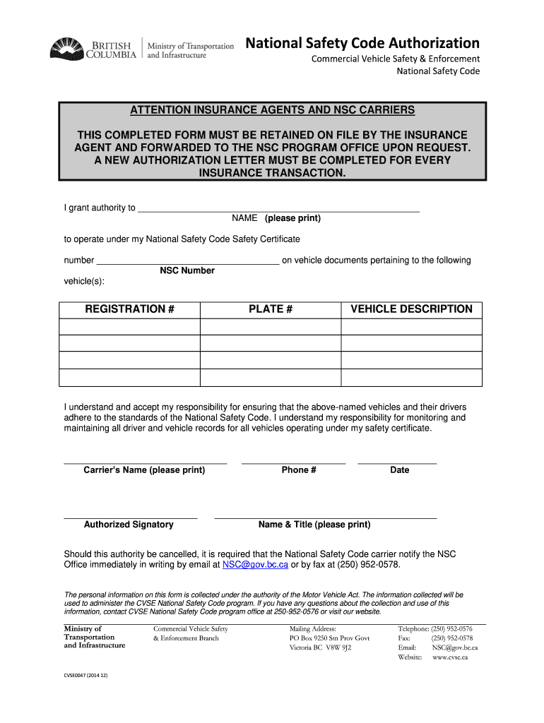  National Safety Code Maintenance Form for a Taxi 2014-2024