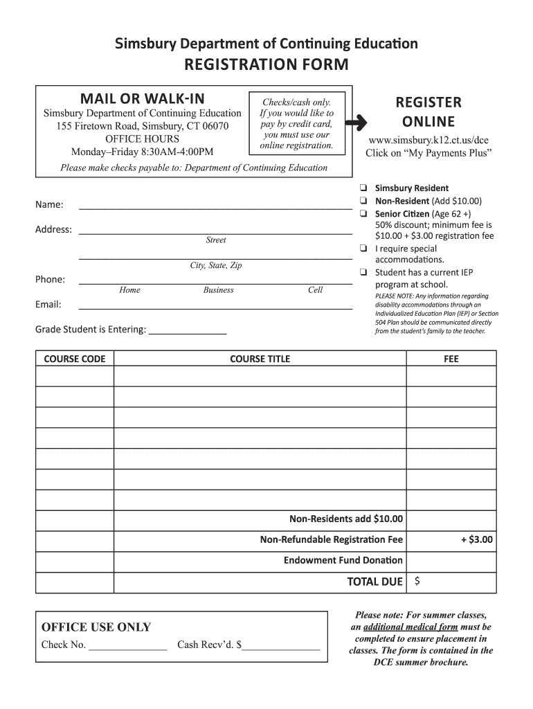 Simsbury Department of Continuing Education REgistRation FoRm