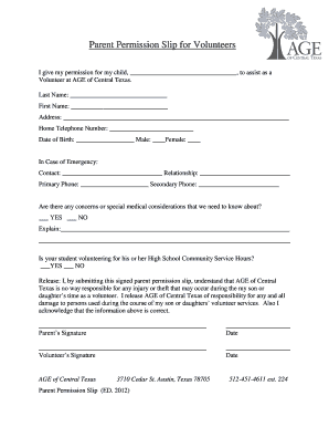 Volunteer Permission Slip Template  Form