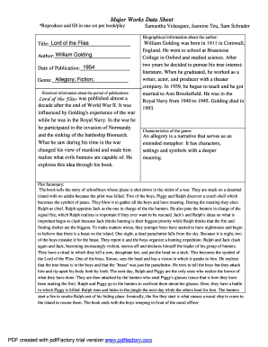 Major Works Data Sheet Lord of the Flies  Form