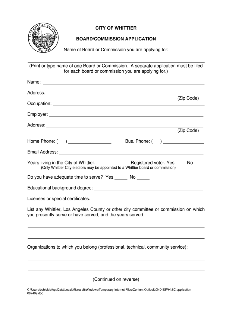 CITY of WHITTIER BOARDCOMMISSION APPLICATION  Whittierhillsoilwatch  Form