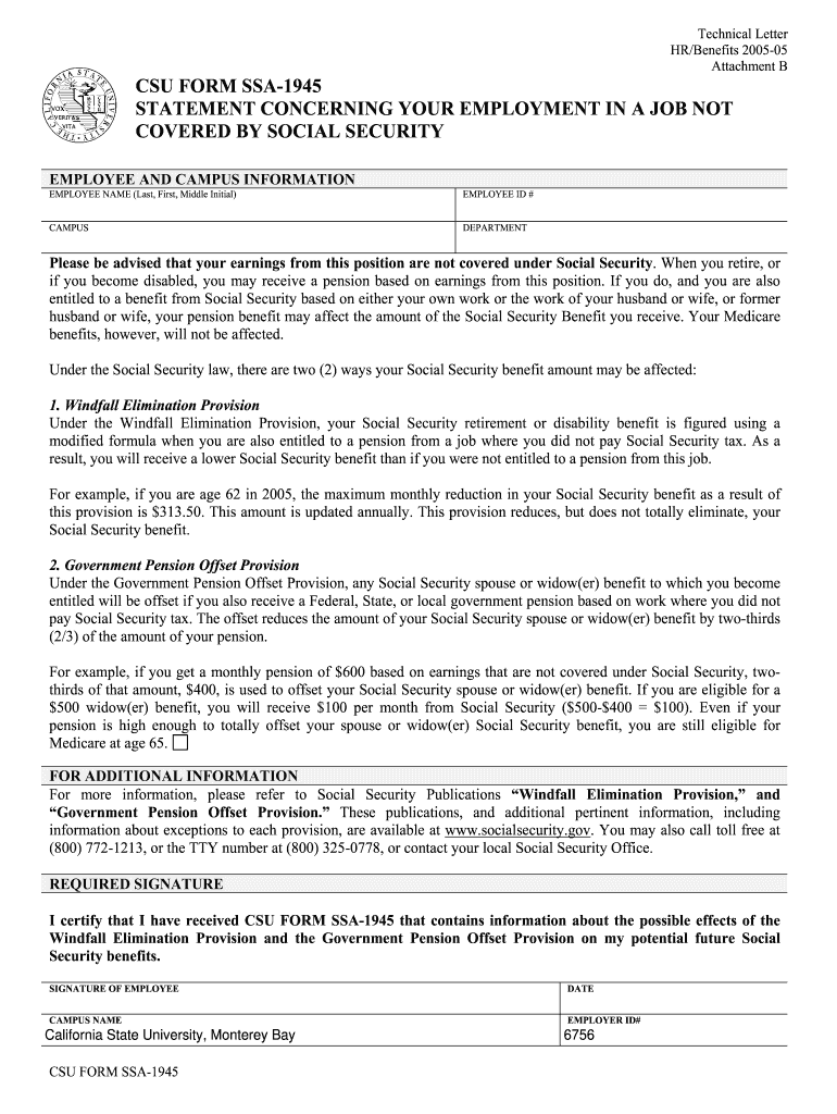  Ssa 1945 Concerning Your Job Form 2005-2024