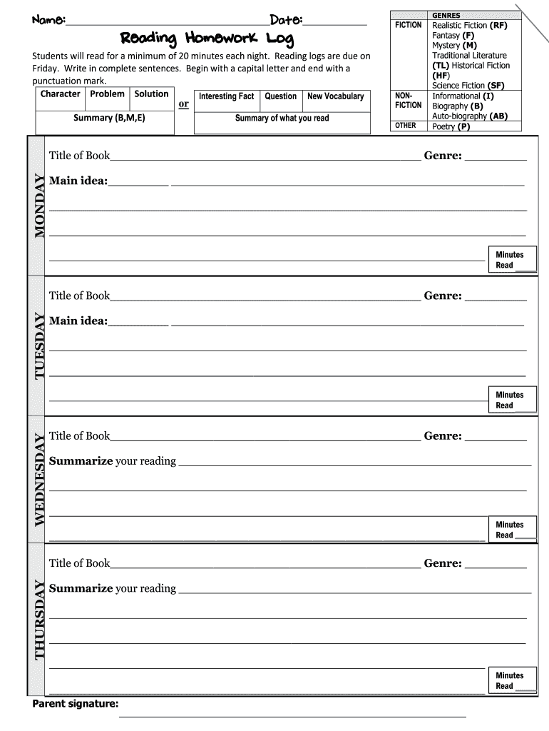 Reading Homework Log Granbury ISD  Form