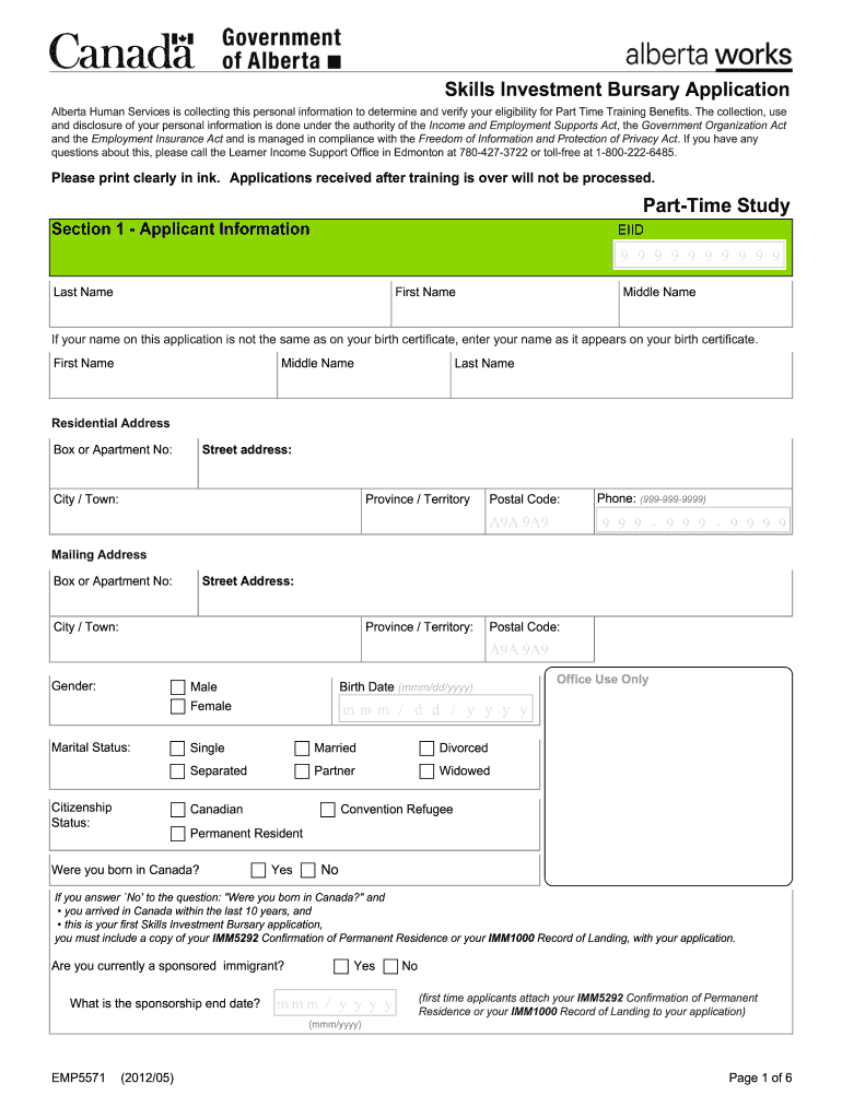  Skills Investment Bursary Application  Alberta 2012