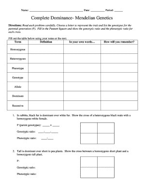 Complete Dominance Mendelian Genetics Worksheet Answer Key  Form