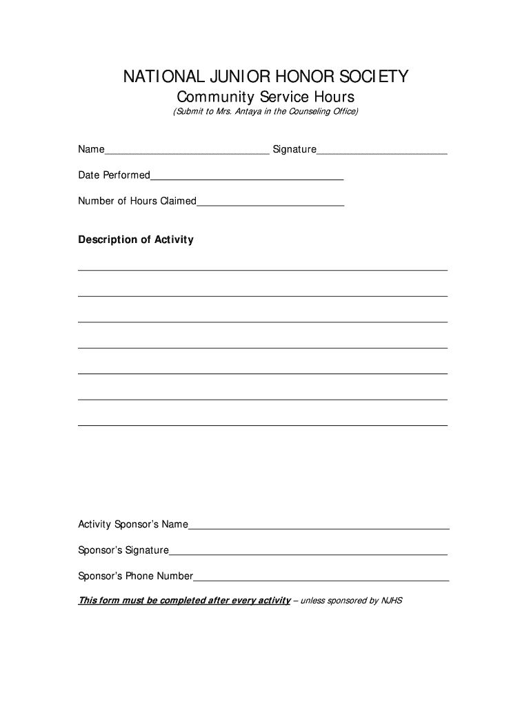 National Junior Honor Society Volunteer Form