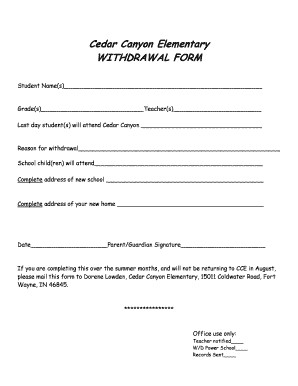 Indiana Elementary Withdrawal  Form