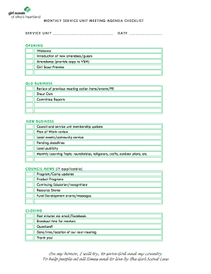 MONTHLY SERVICE UNIT MEETING AGENDA CHECKLIST SERVICE UNIT Gsoh  Form